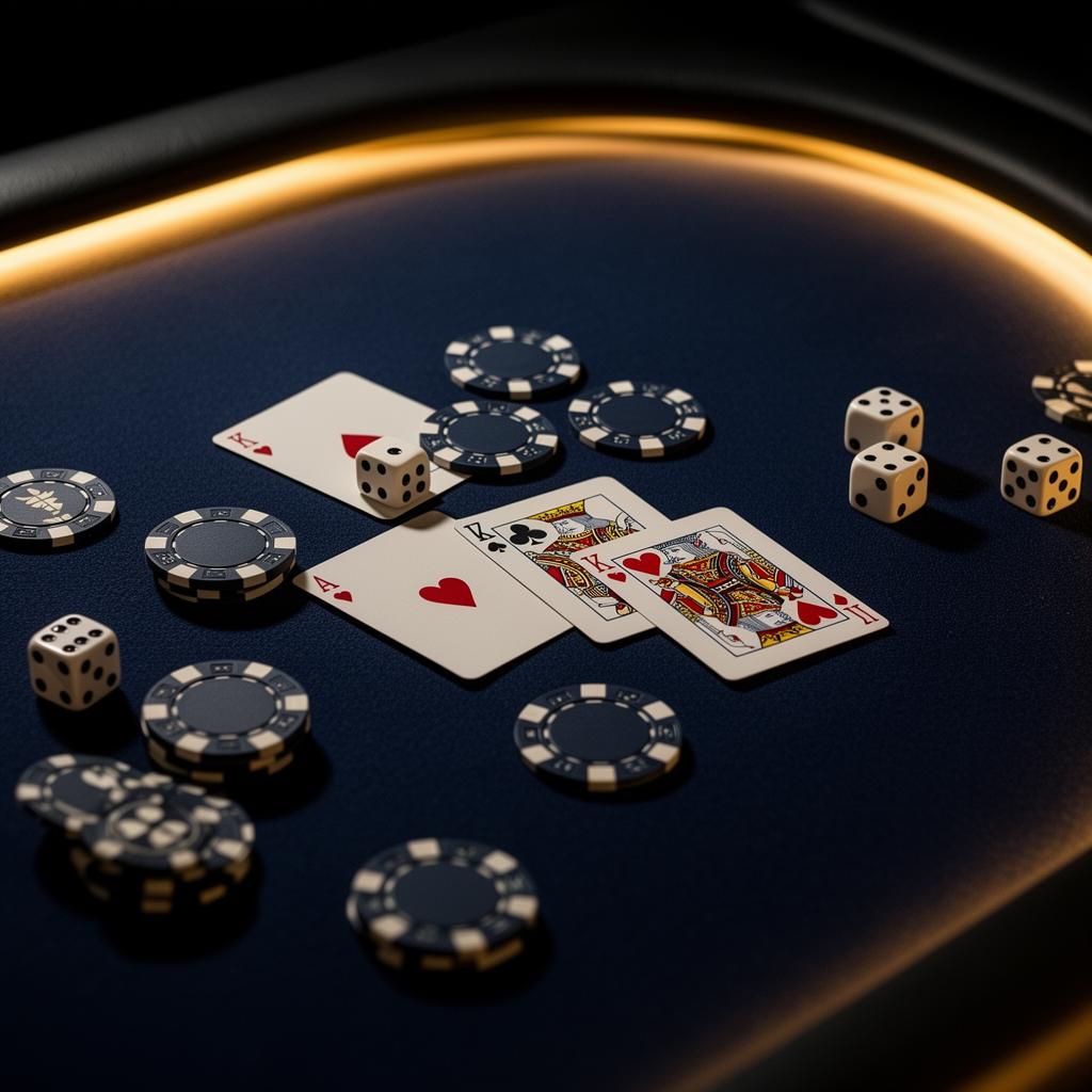 Pelimerkit, kortit ja nopat tummalla casinopöydällä — symbolikuva Suomen rahapelimarkkinasta.
